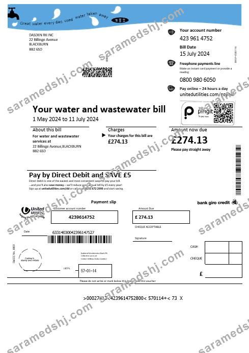 United Kingdom United Utilities water business utility bill template in Word and PDF formats